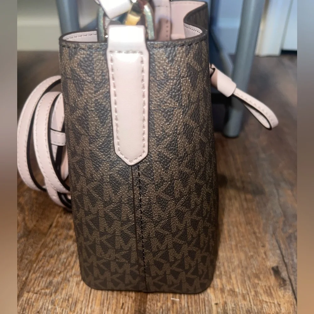 Michael Kors Brown Logo Bucket Bag with Pale Pink Trim